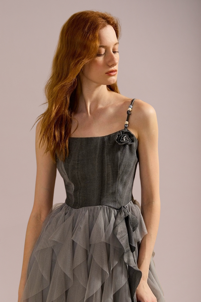 Asymmetric Layered Tulle Midi Dress