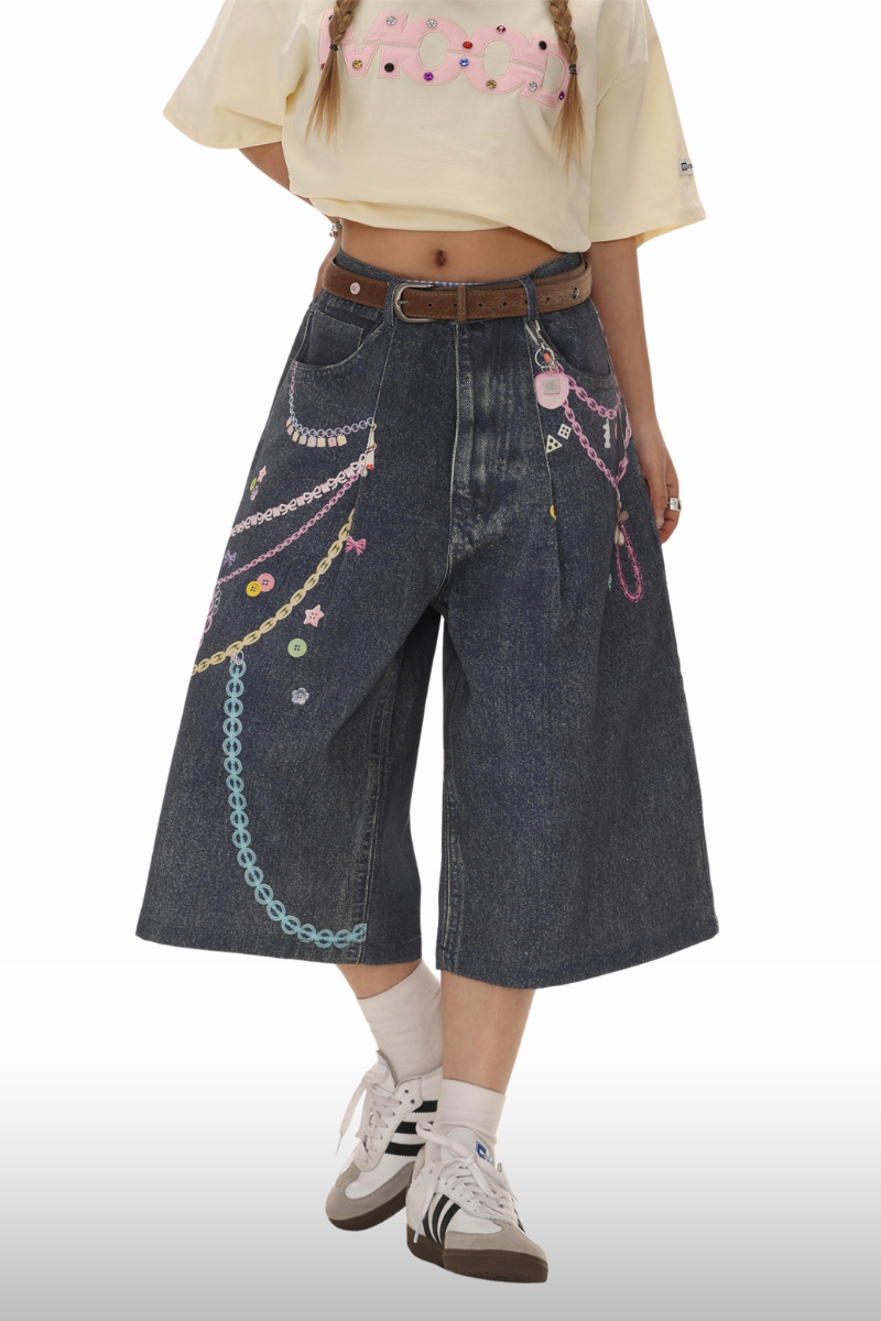 Y2K Charm Chain 3D-bedruckte Denim-Bermudashorts