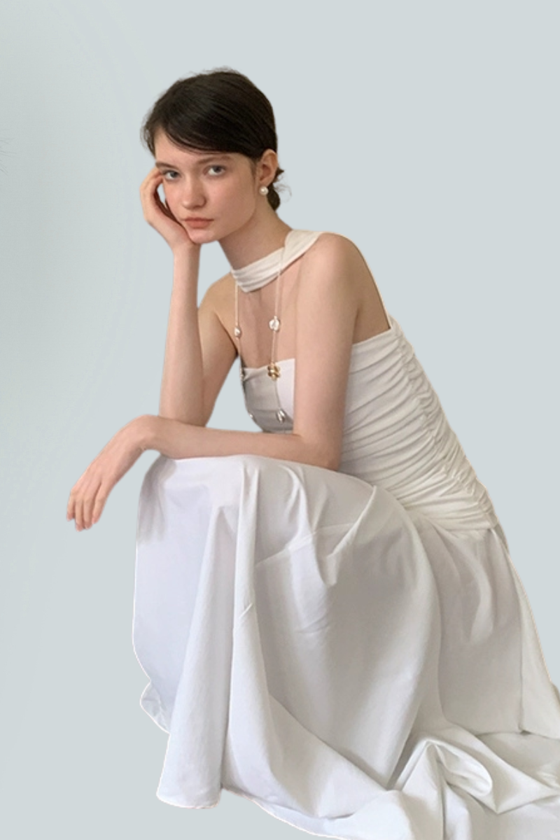Asymmetric Strapless Pleated Maxi Dress