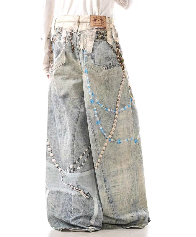 Pearl Chain Trompe L’Oeil Wide-Leg Jeans