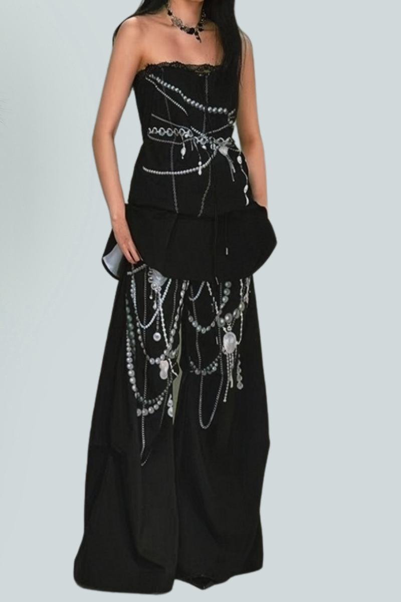 Pearl Chain Print Strapless Top & Wide-Leg Pants Two-Piece Set