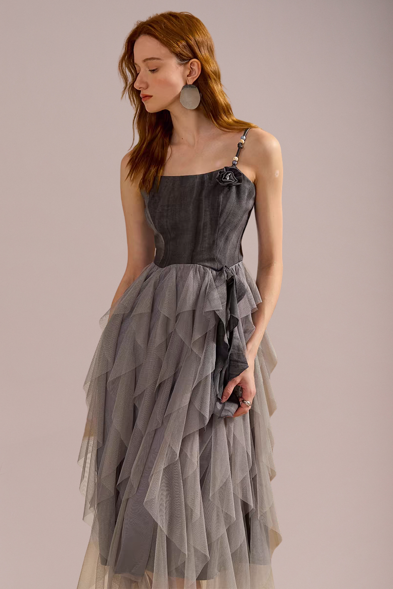 Asymmetric Layered Tulle Midi Dress