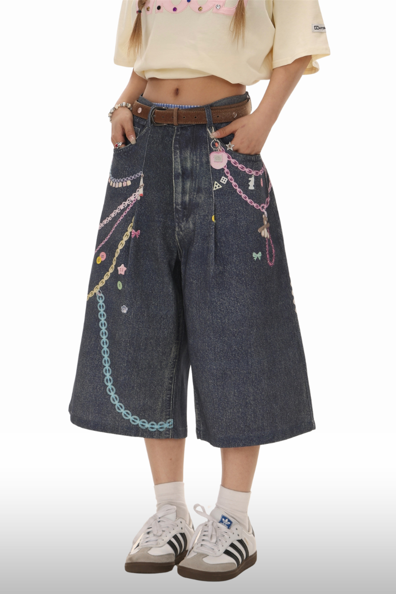 Y2K Charm Chain 3D-bedruckte Denim-Bermudashorts