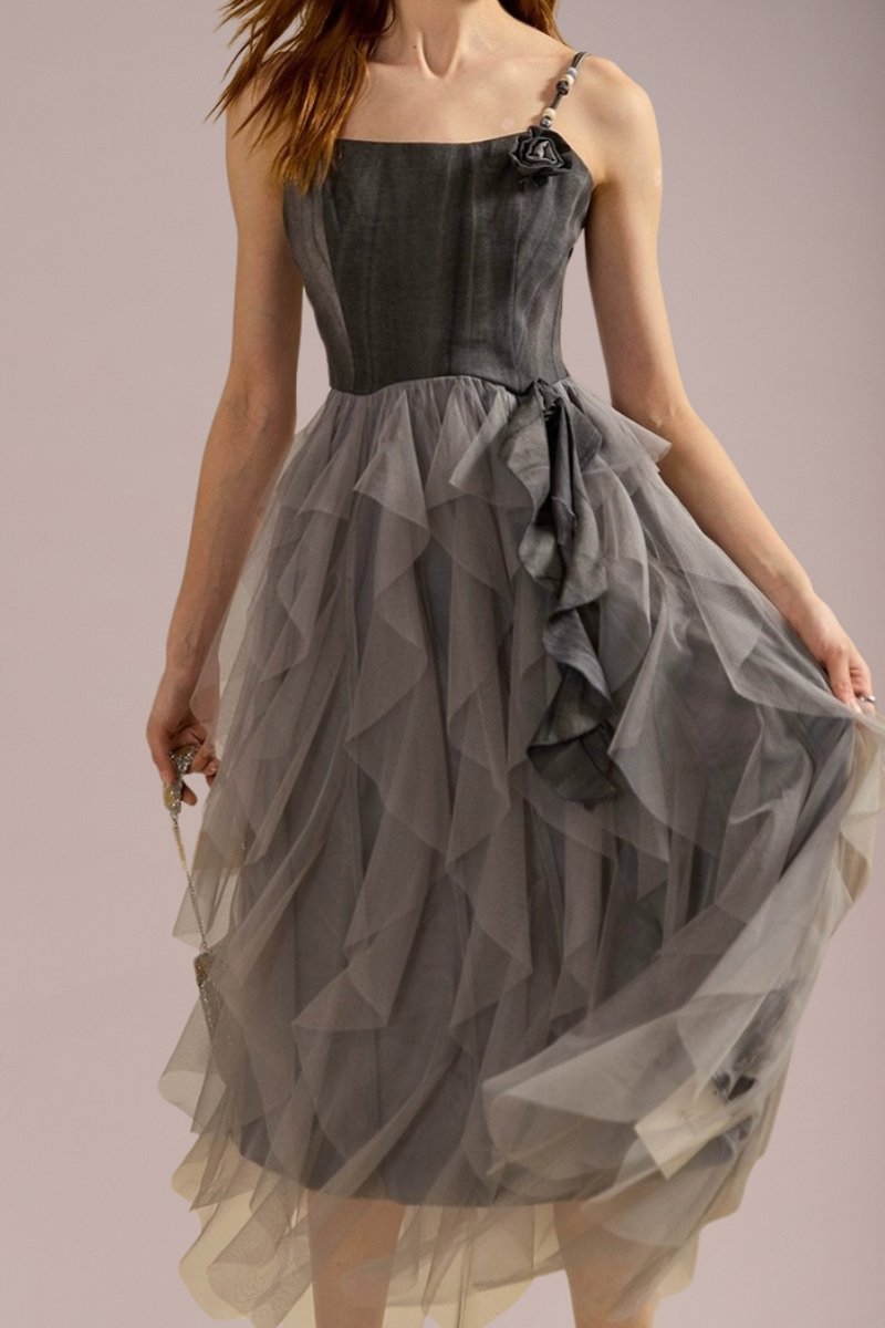 Asymmetric Layered Tulle Midi Dress