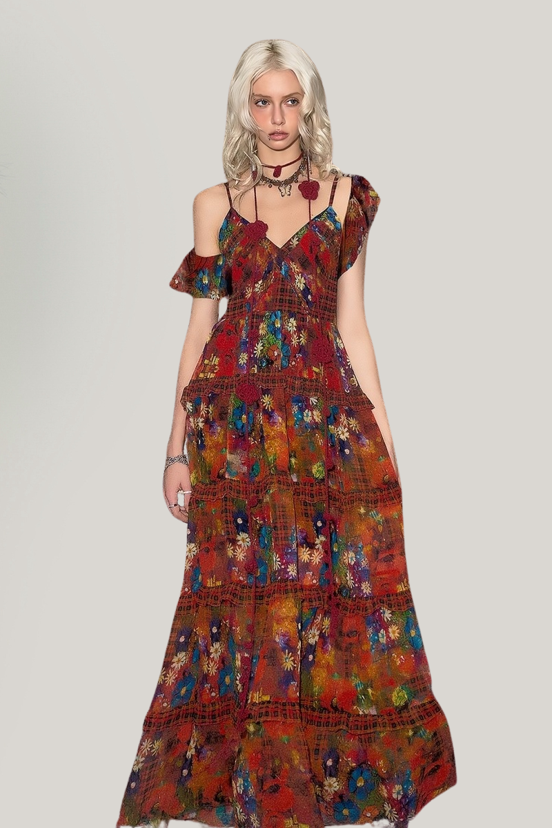 Romantic Vintage Floral Ruffle Maxi Dress