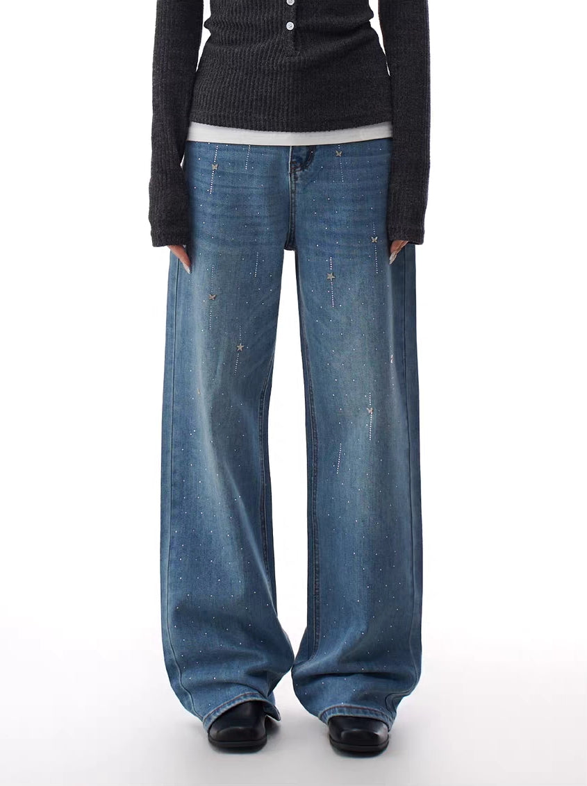 Blue sparkle flare jeans styled on model, full-body front view