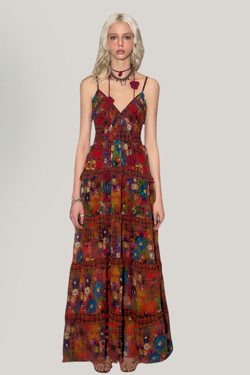 Romantic Vintage Floral Ruffle Maxi Dress