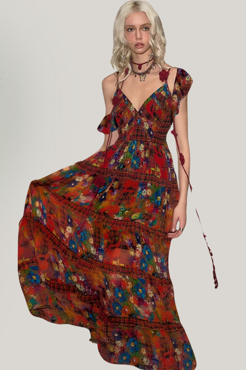 Romantic Vintage Floral Ruffle Maxi Dress