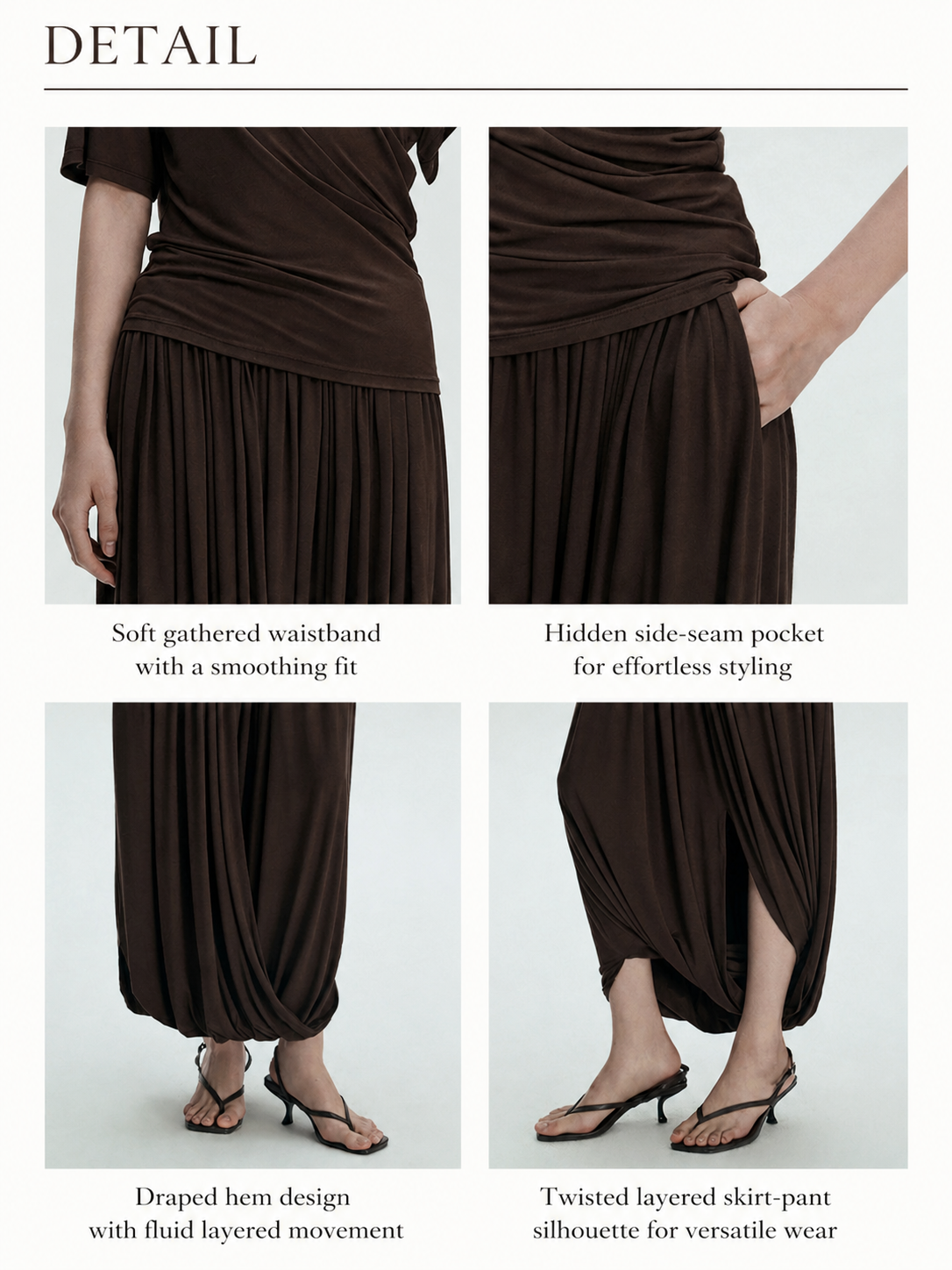 Brown Black Draped Elastic Waist Maxi Skirt