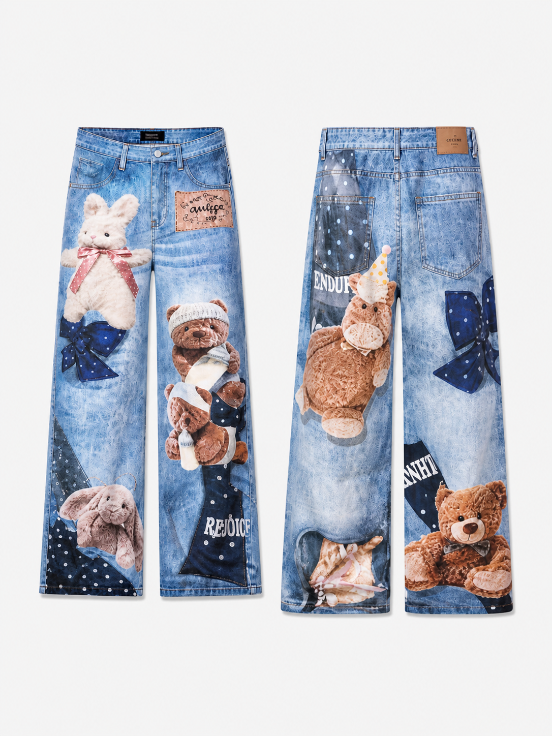 Blue Bear Graphic Print Wide Leg Jeans