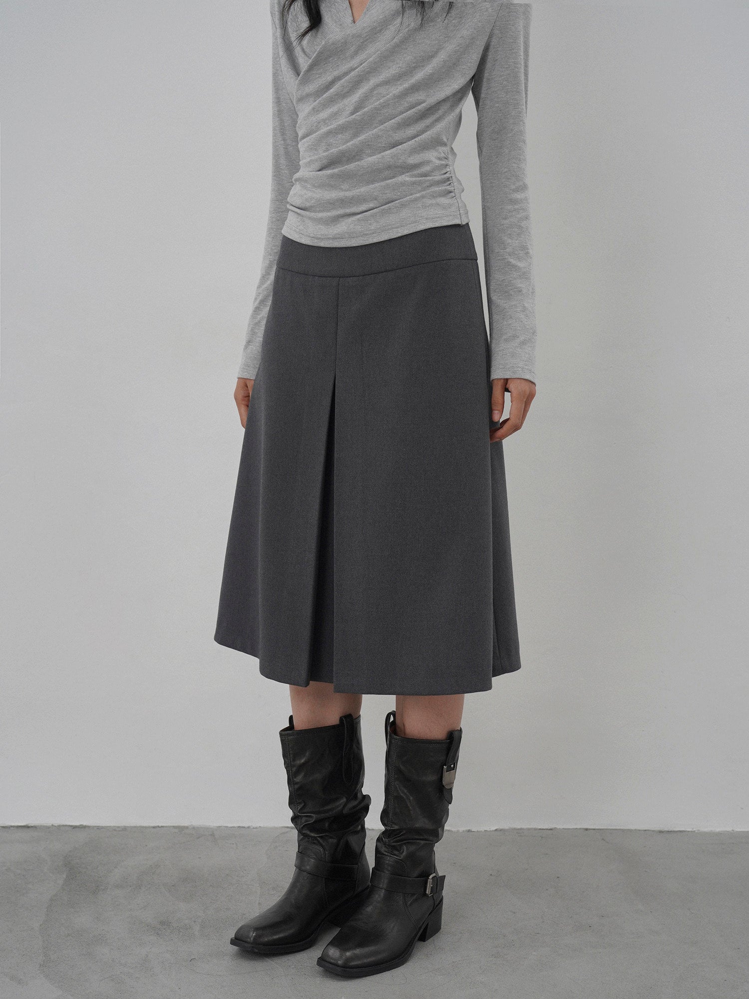 Dark Grey High Waist Pleated Midi Skirt
