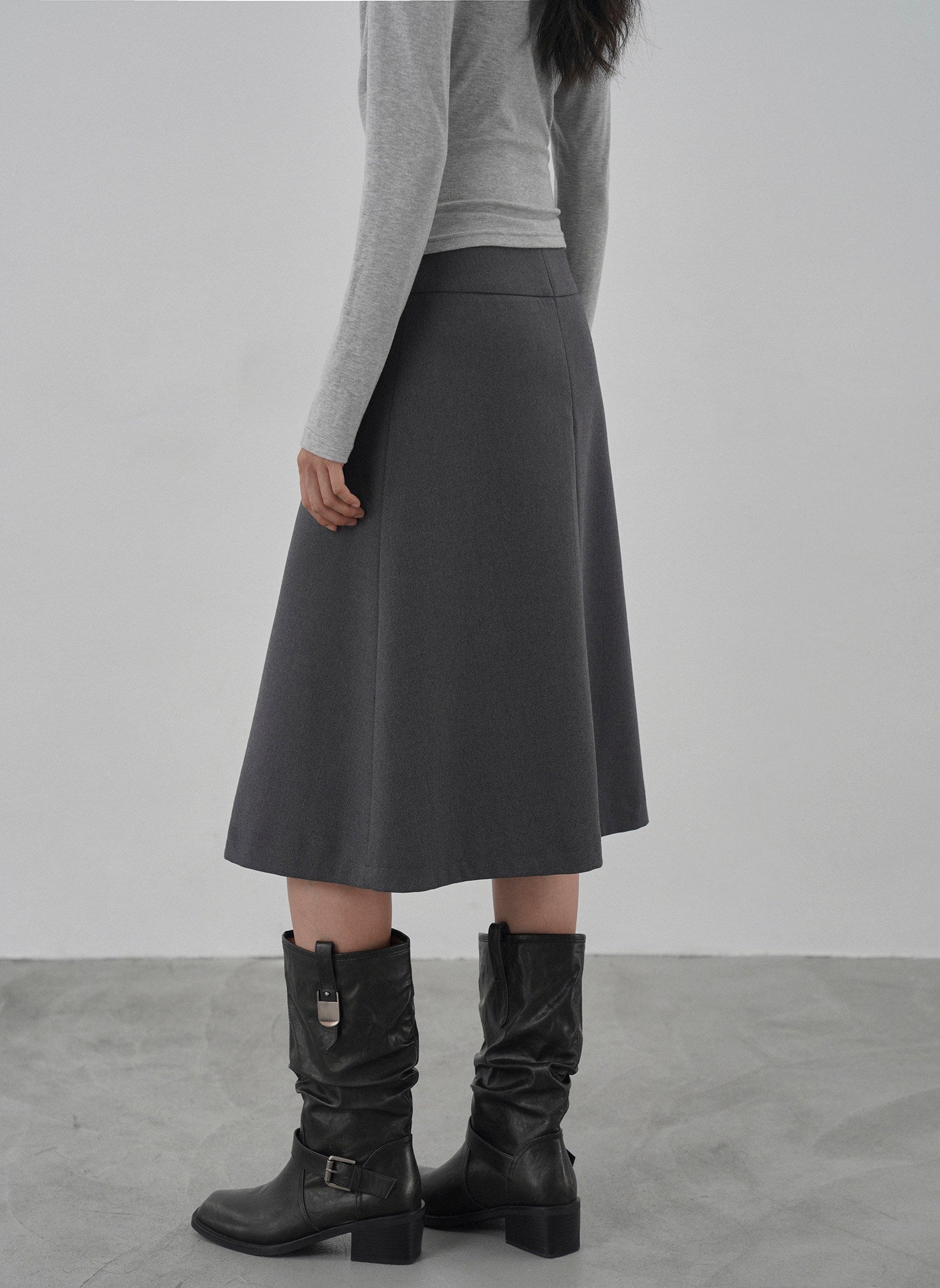 Dark Grey High Waist Pleated Midi Skirt