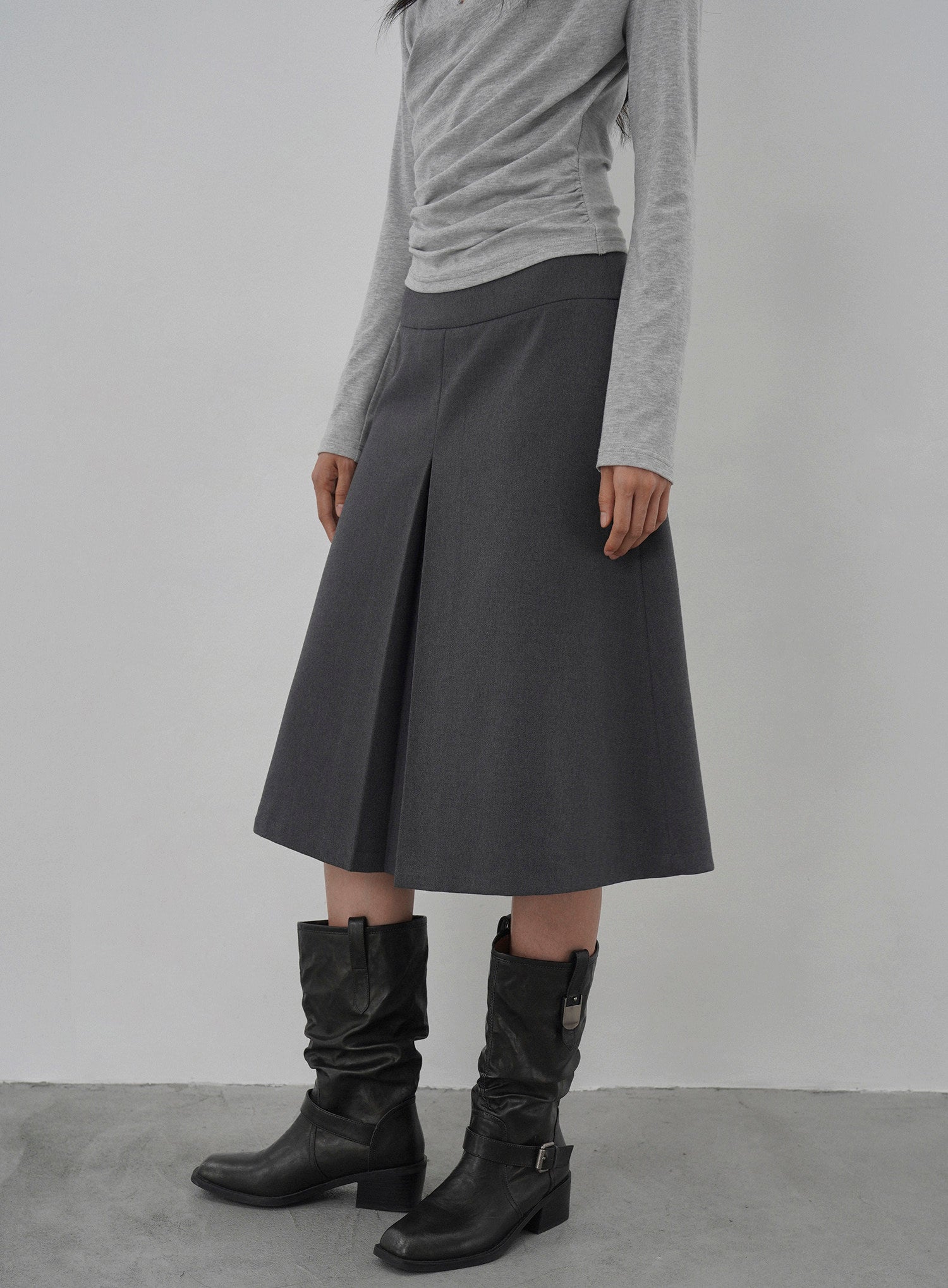 Dark Grey High Waist Pleated Midi Skirt