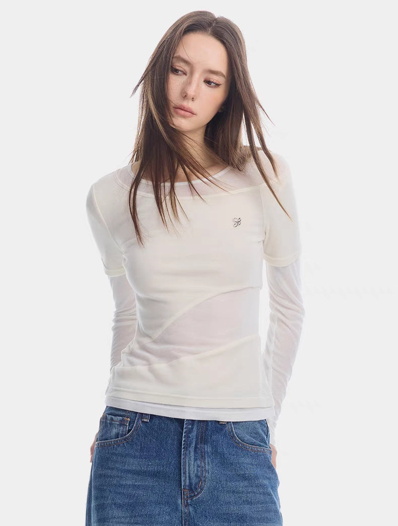 Layered Mesh Stitch Detail Long Sleeve Top – Soft White
