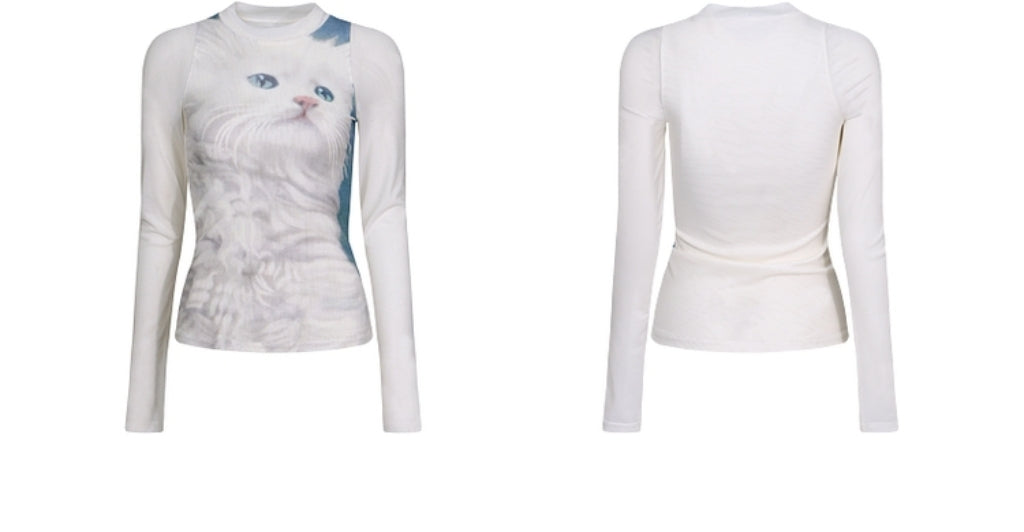 Top de manga larga de malla con estampado de gato blanco