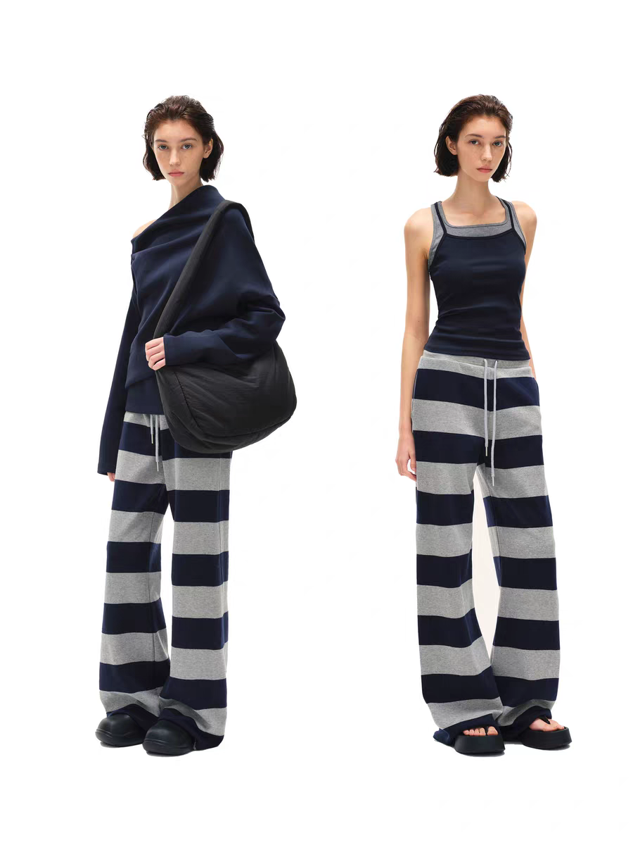 Pantalones de punto a rayas para estar en casa – Azul marino y gris jaspeado
