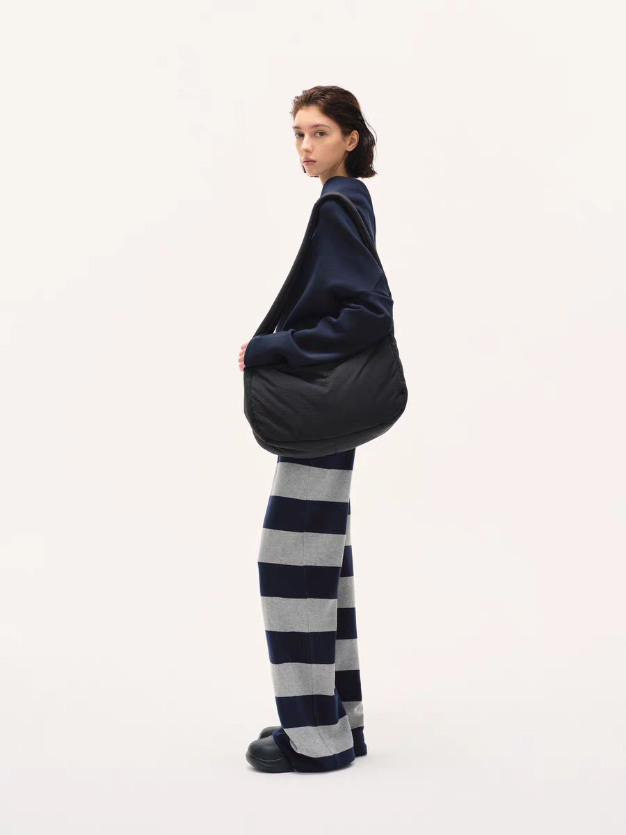 Gestreifte Strick-Loungehose – Marineblau und Heather Grey