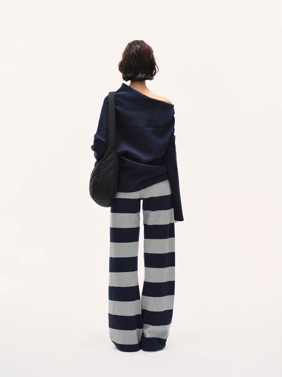 Pantalones de punto a rayas para estar en casa – Azul marino y gris jaspeado