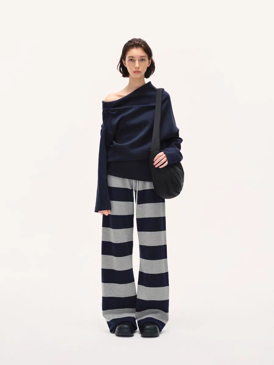 Gestreifte Strick-Loungehose – Marineblau und Heather Grey