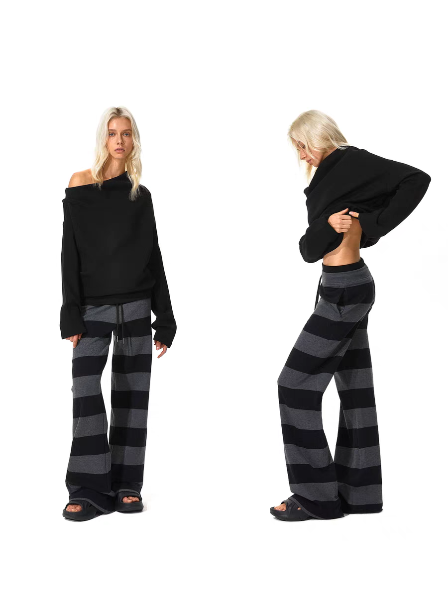 Strick-Loungehose mit auffälligen Streifen und Kordelzug