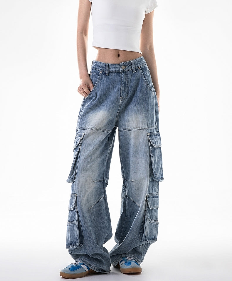 Vintage Washed Multi-Pocket Cargo Jeans – Eisblau