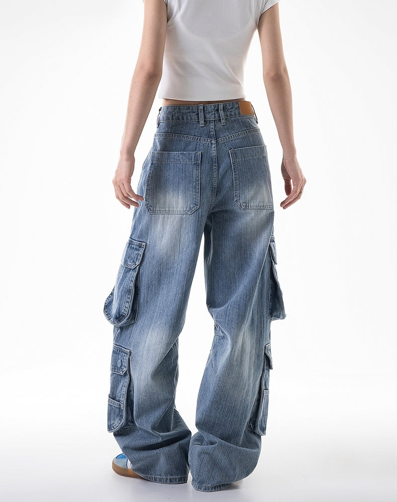Vintage Washed Multi-Pocket Cargo Jeans – Eisblau