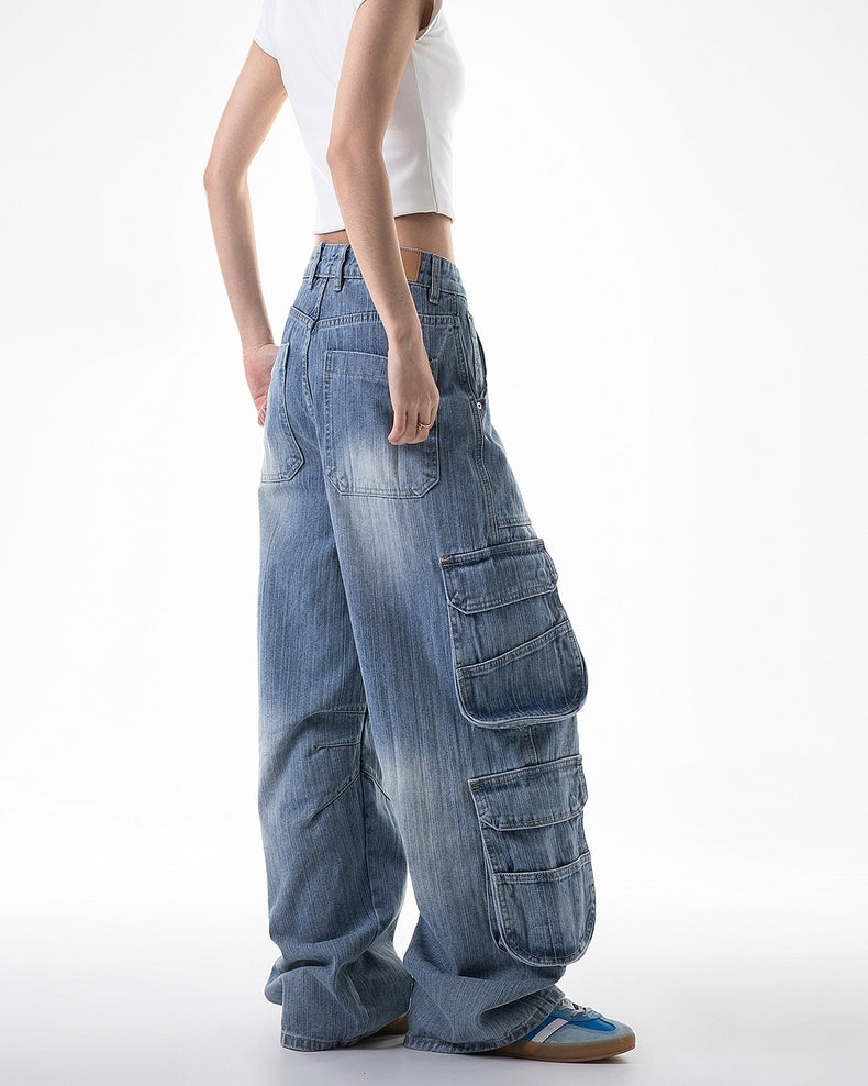 Vintage Washed Multi-Pocket Cargo Jeans – Eisblau