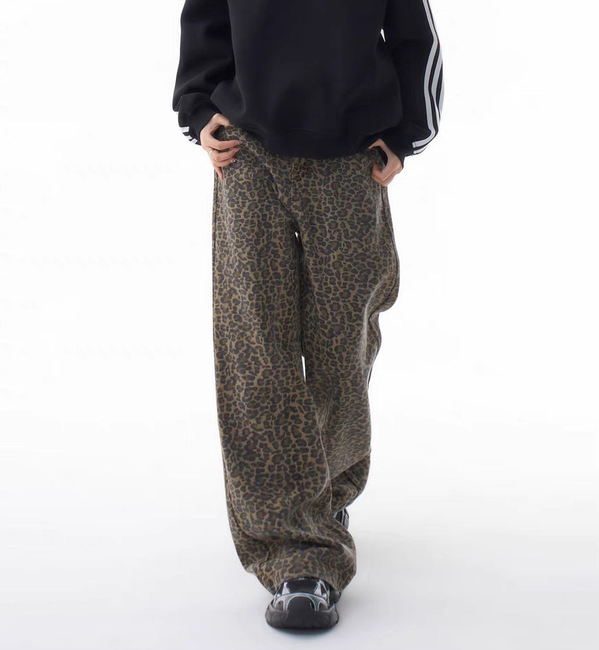 Y2K Leoparden-Loungehose mit weitem Bein