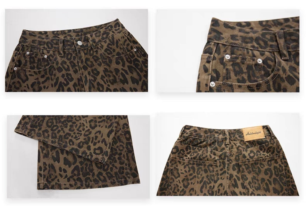 Jeans mit weitem Bein und dunklem Leopardenmuster