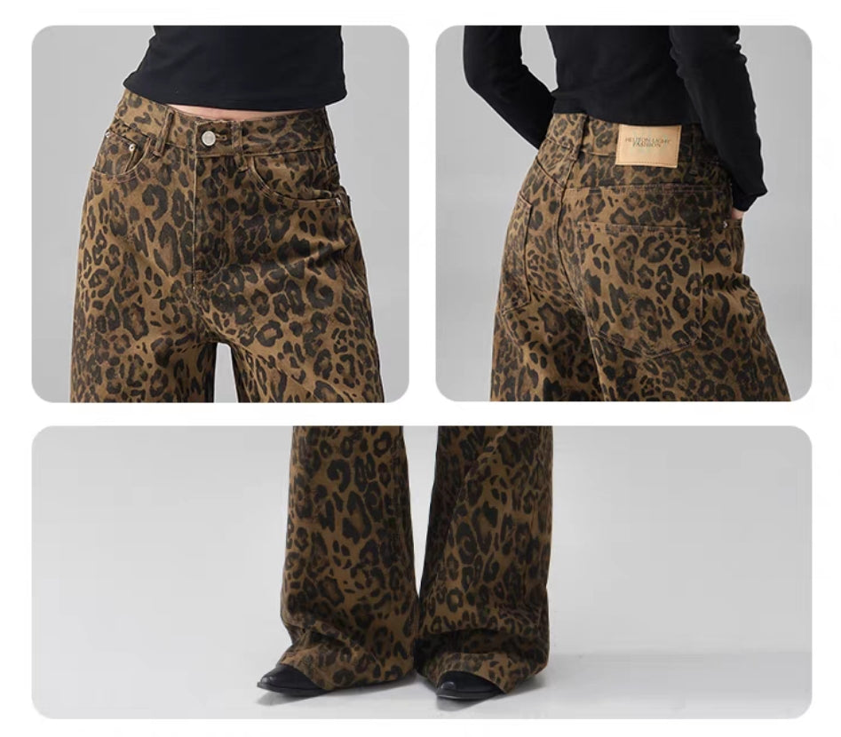 Jeans mit weitem Bein und dunklem Leopardenmuster