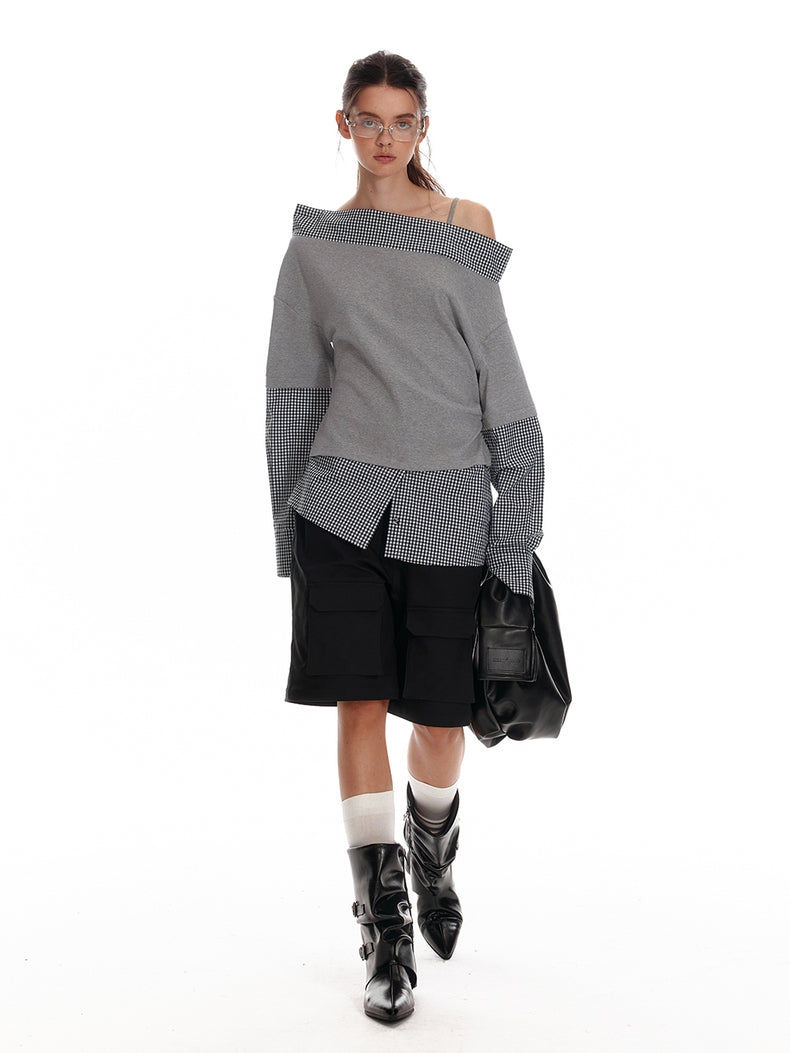 Asymmetrisches Off-Shoulder-Sweatshirt mit kariertem Saum