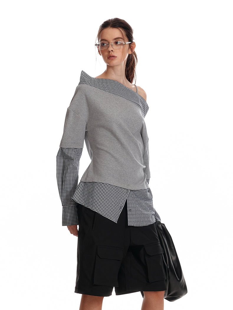 Asymmetrisches Off-Shoulder-Sweatshirt mit kariertem Saum