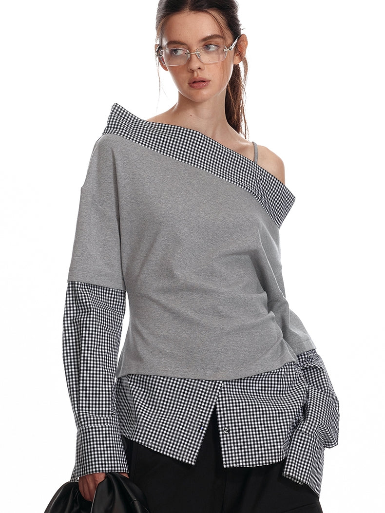 Asymmetrisches Off-Shoulder-Sweatshirt mit kariertem Saum