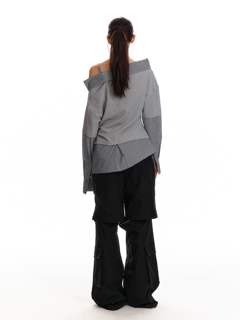 Asymmetrisches Off-Shoulder-Sweatshirt mit kariertem Saum