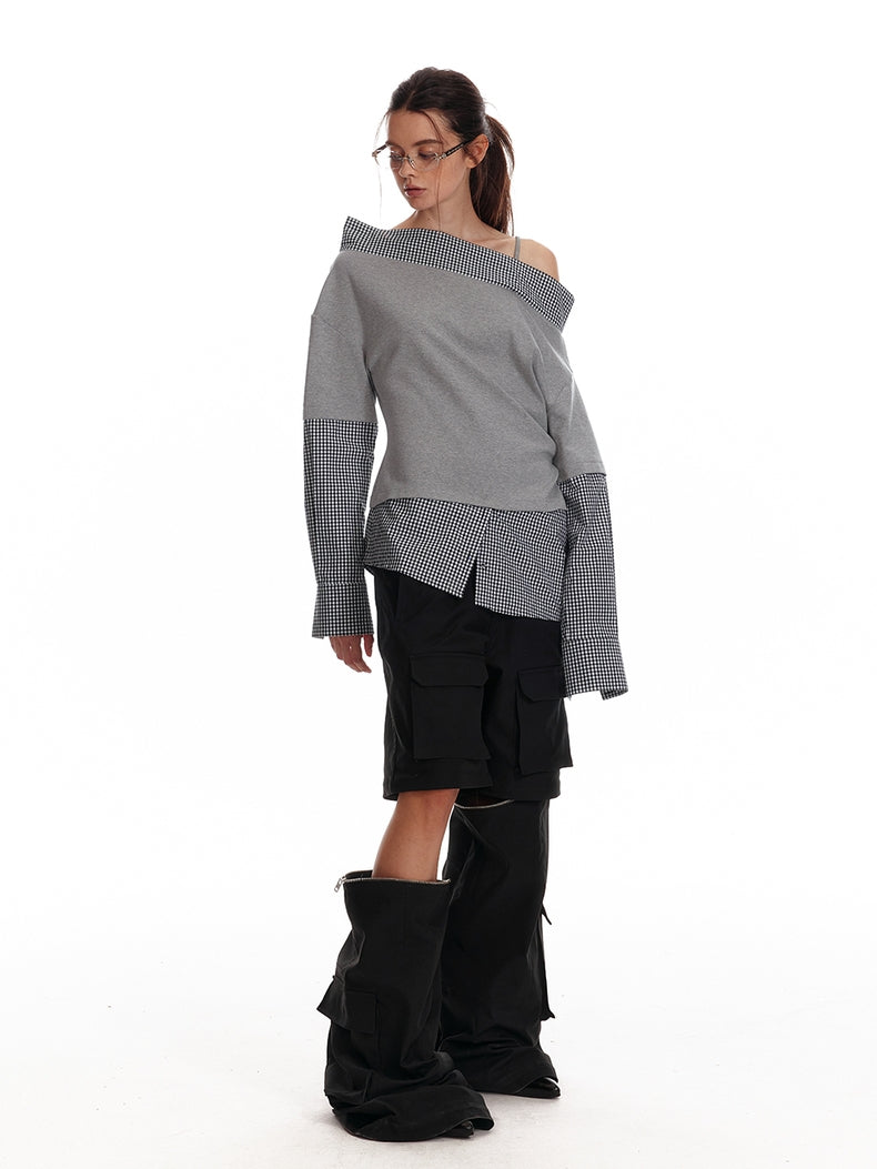 Asymmetrisches Off-Shoulder-Sweatshirt mit kariertem Saum