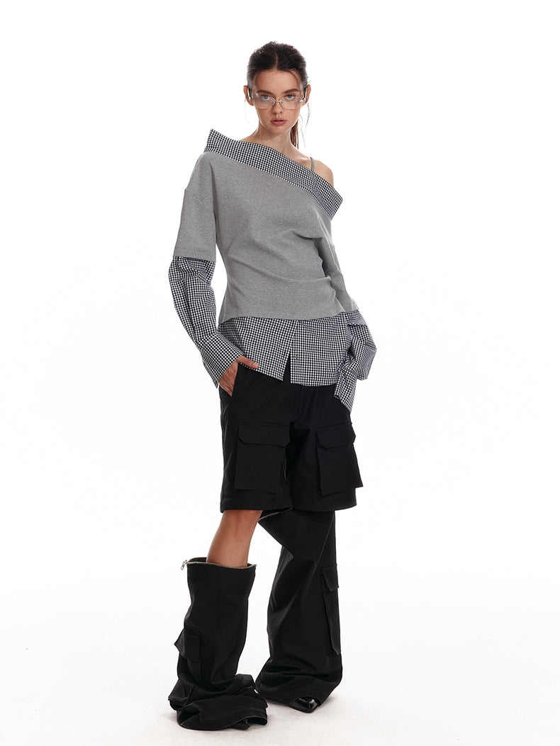 Asymmetrisches Off-Shoulder-Sweatshirt mit kariertem Saum