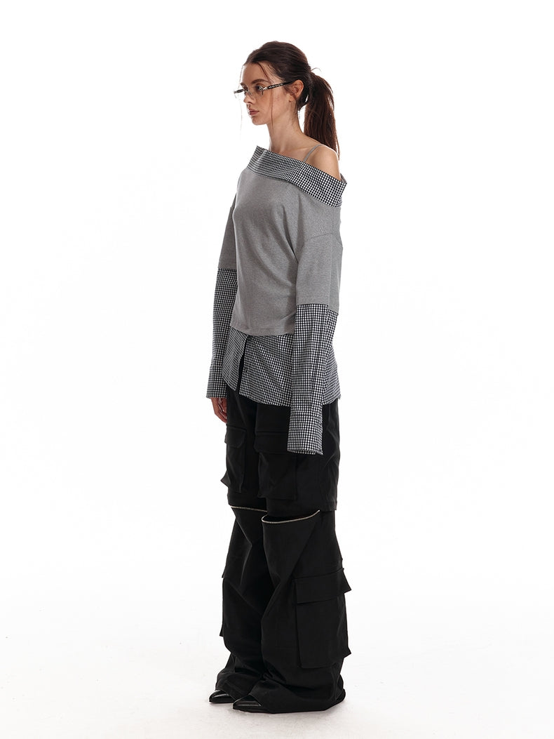Asymmetrisches Off-Shoulder-Sweatshirt mit kariertem Saum