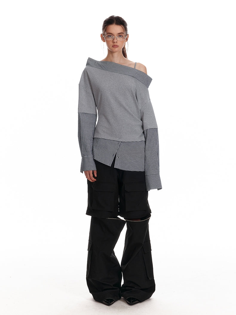 Asymmetrisches Off-Shoulder-Sweatshirt mit kariertem Saum