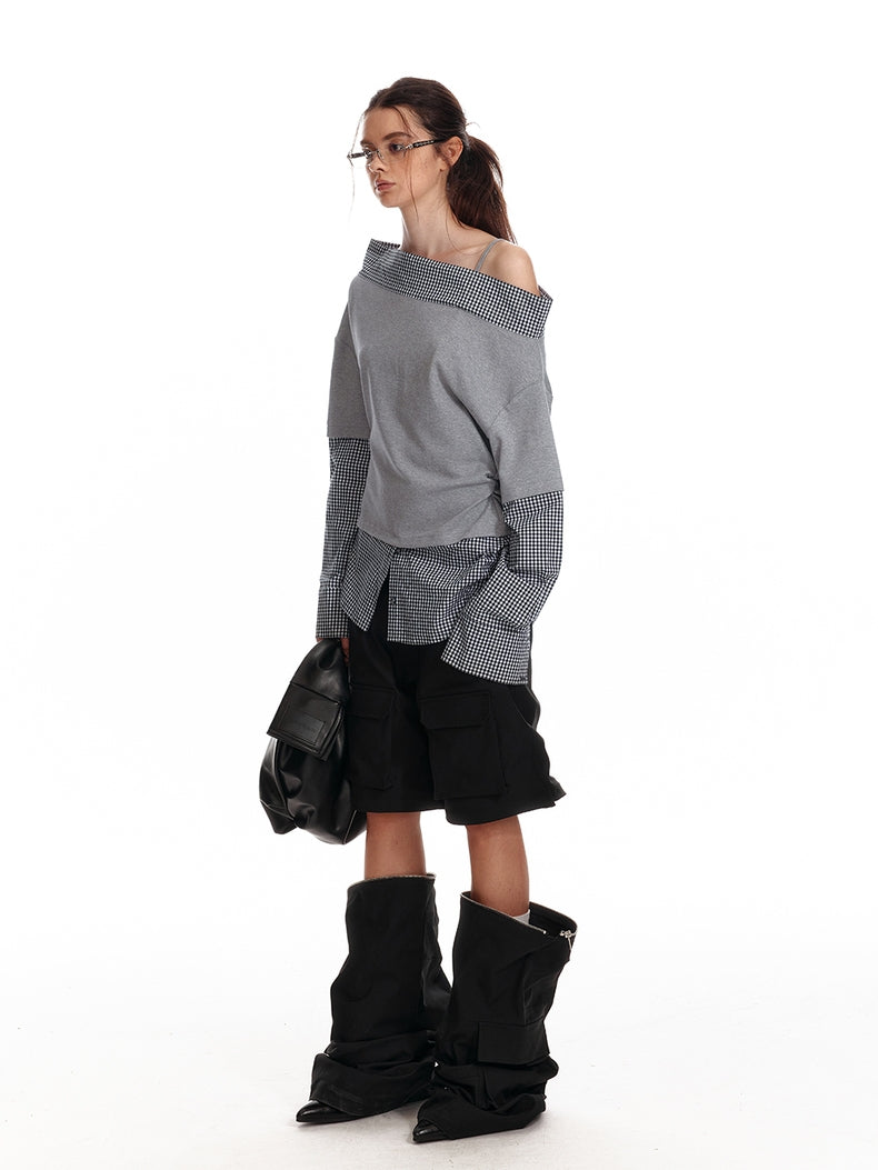 Asymmetrisches Off-Shoulder-Sweatshirt mit kariertem Saum