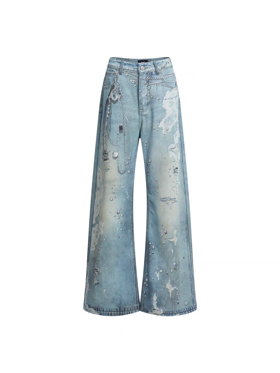 Verwaschene Jeans mit weitem Bein und Strass-Kettendetail