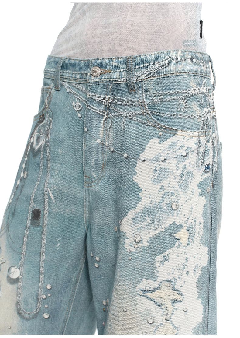 Verwaschene Jeans mit weitem Bein und Strass-Kettendetail