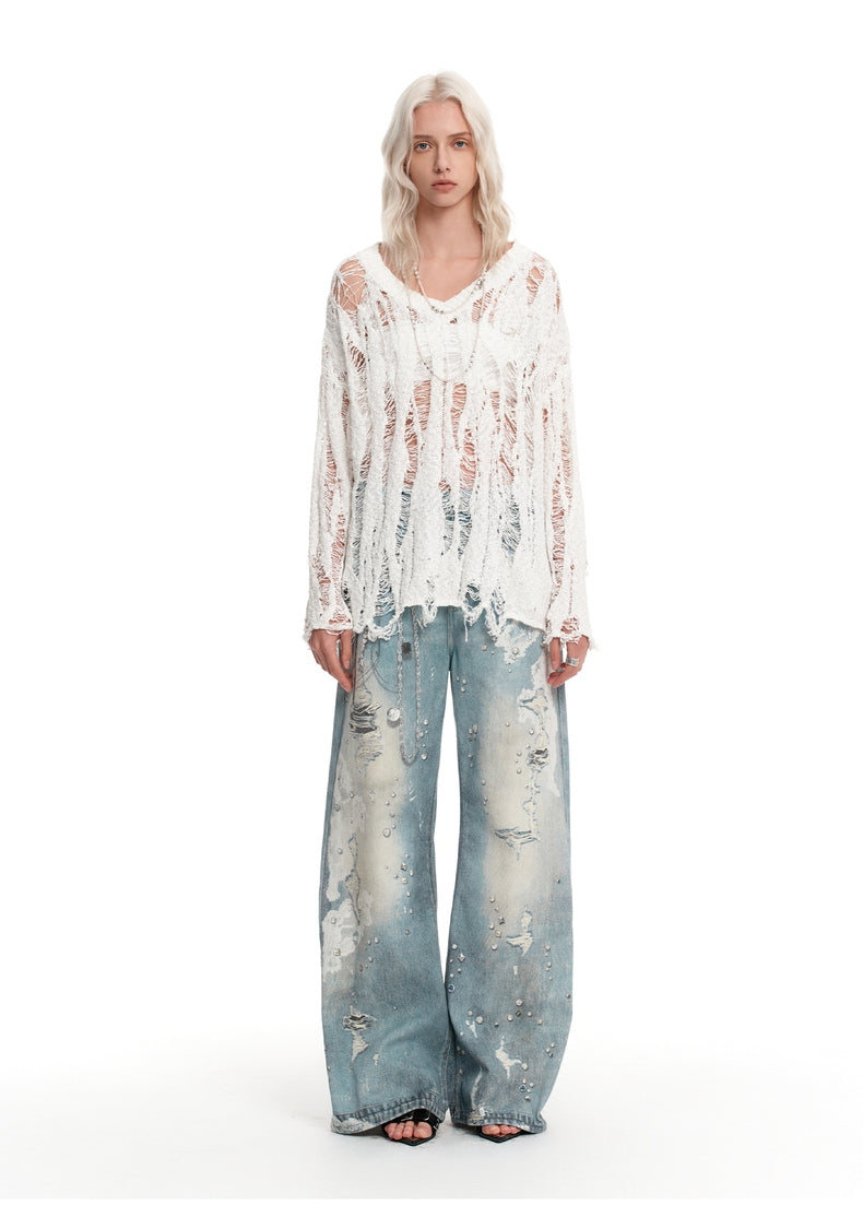 Verwaschene Jeans mit weitem Bein und Strass-Kettendetail