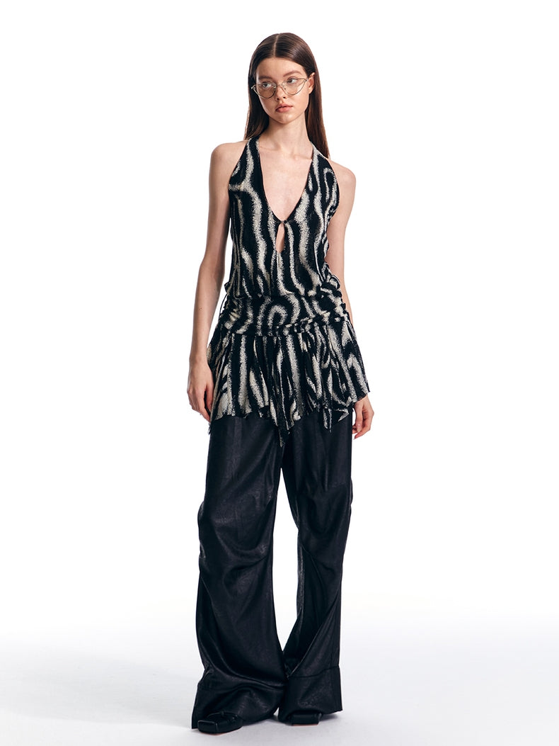 Drapiertes Tanktop mit tiefem V-Ausschnitt und Zebra-Struktur
