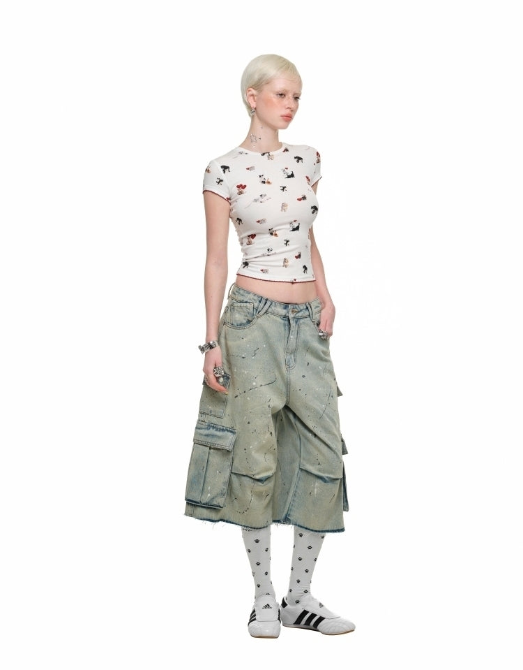 Pantalones cortos cargo de mezclilla desgastados con salpicaduras de pintura
