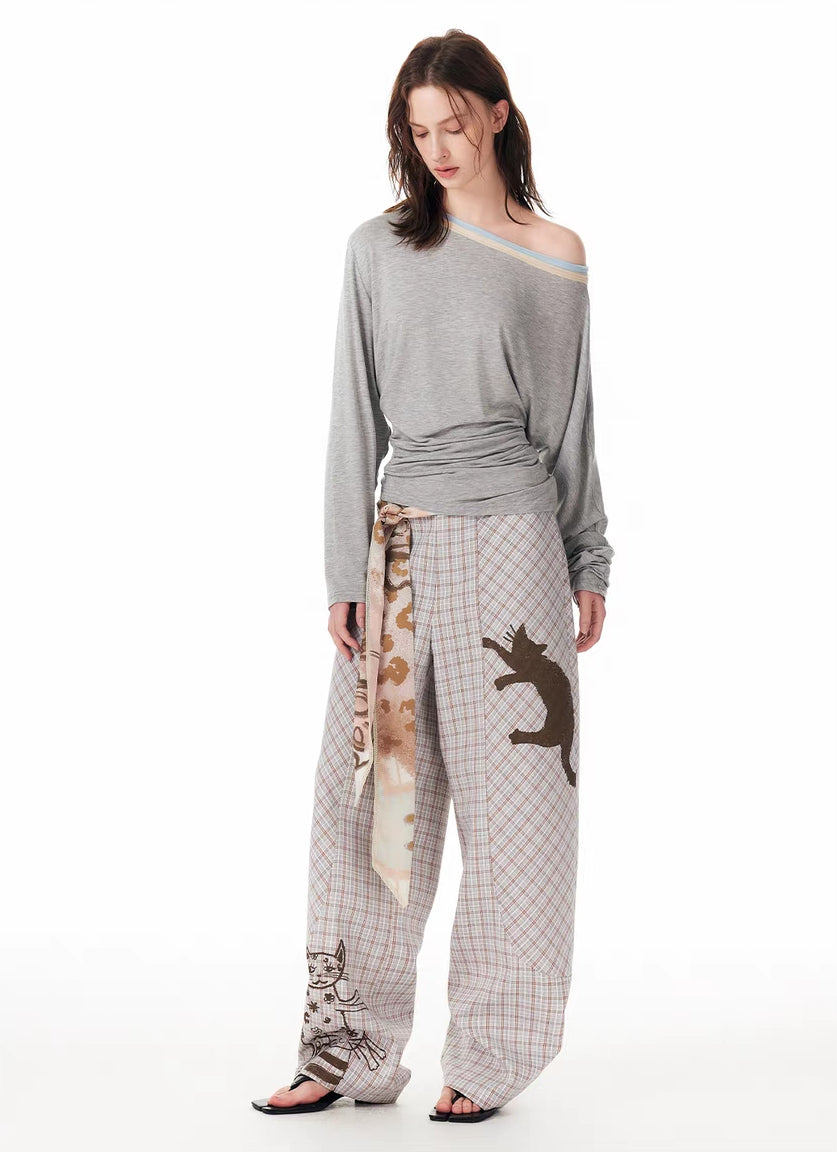 Y2K-Hose mit weitem Bein und Katzen-Skizze