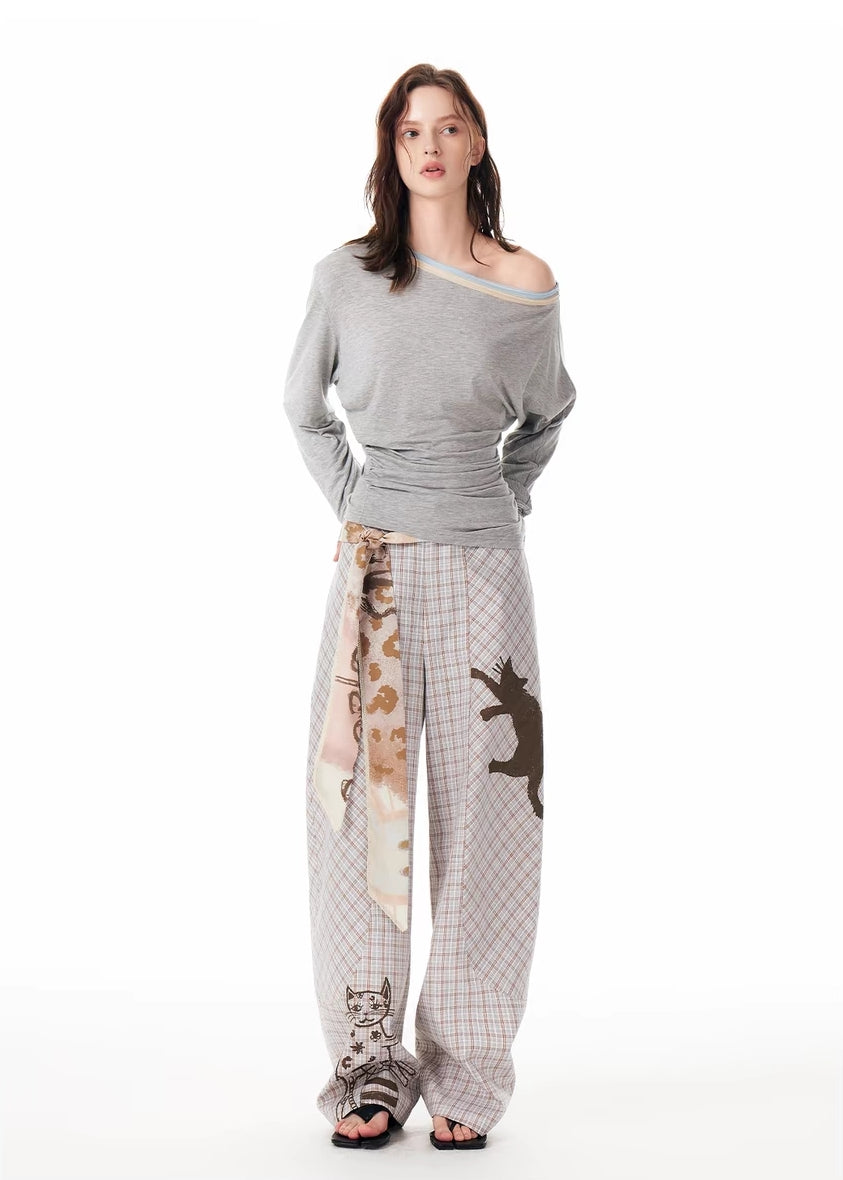 Y2K-Hose mit weitem Bein und Katzen-Skizze