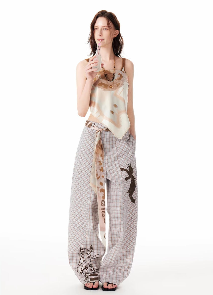 Y2K-Hose mit weitem Bein und Katzen-Skizze