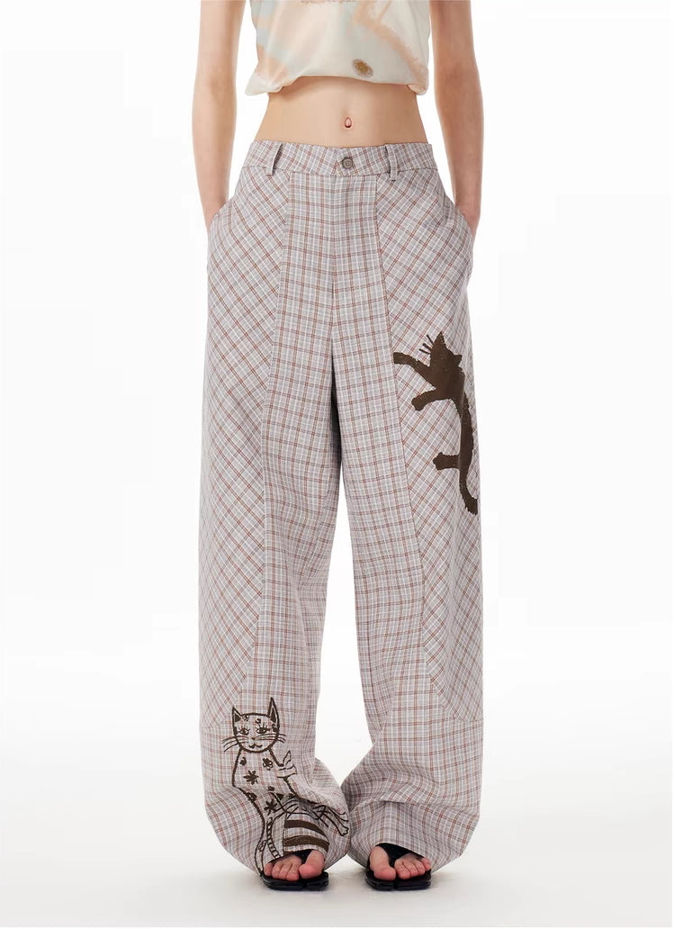 Y2K-Hose mit weitem Bein und Katzen-Skizze