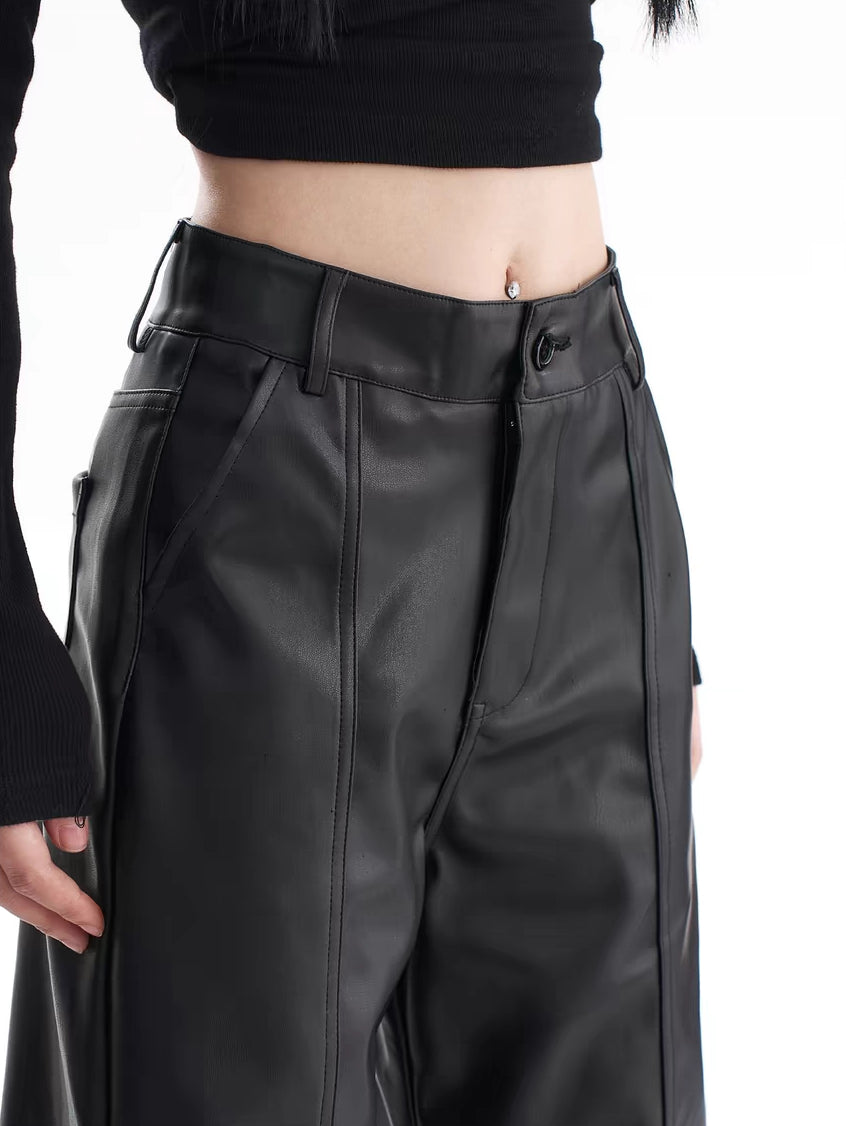 Pantalones anchos de cuero sintético con cintura alta Y2K