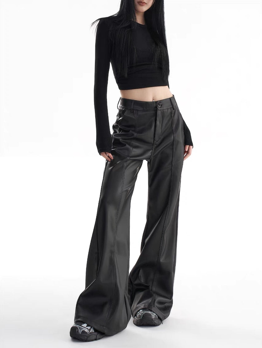 Pantalones anchos de cuero sintético con cintura alta Y2K